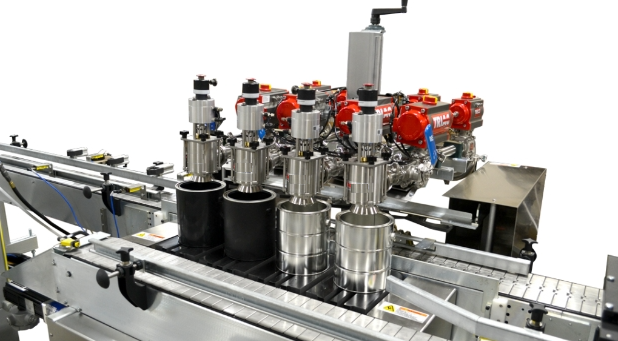 4-Head Automatic Net Weight Filling & Closing Machine with Lateral Container Transfer for faster cycle times – 1/2 Pint to Gallon Containers. Multi-head net weight filler