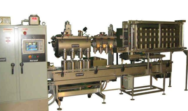 4-Head Automatic Net Weight Filling & Closing Machine with Lateral Container Transfer for faster cycle times – 1/2 Pint to Gallon Containers. Multi-head net weight filler